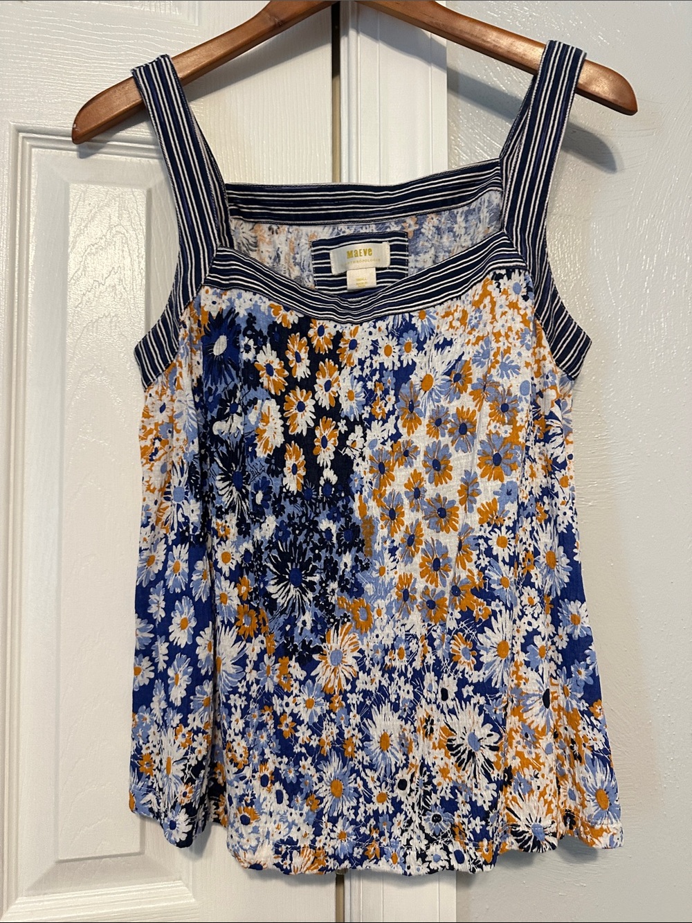 Maeve Navy Blue and Gold Daisy Print Camisole with Striped Trim